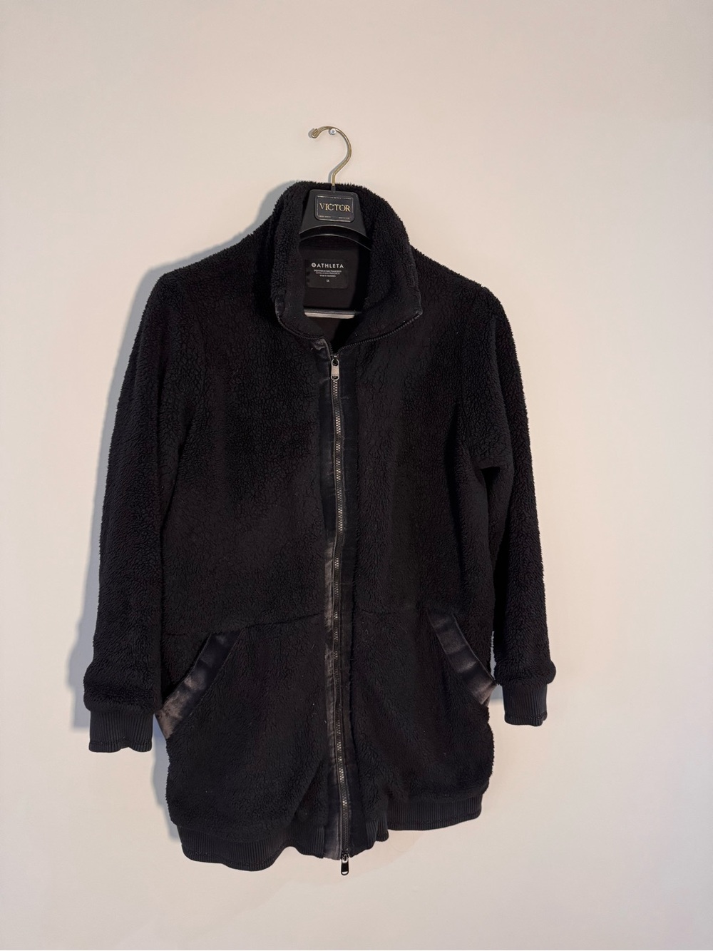 Athleta Tugga Sherpa Coat Black Women's 1X - Two-Way Zip Velvet Trim
